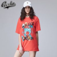 Guuka潮牌嘻哈短袖T恤女纯色圆领涂鸦迷彩熊纯棉BF宽松短袖体恤衫