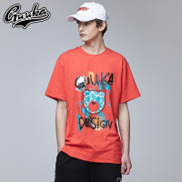 古由卡夏天红色短袖T恤男 青少年嘻哈潮牌玩乐熊圆领体恤纯棉宽松