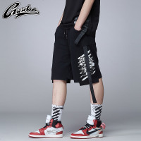 Guuka黑色短裤男潮 夏天青少年街舞嘻哈飘带日系五分针织裤男宽松