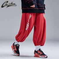 Guuka潮牌嘻哈束脚裤女宽松 街舞嘻哈BF学院风运动裤红色灯笼裤女