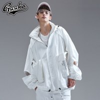 Guuka潮牌破洞嘻哈外套男 青少年街舞多口袋运动工装风衣连帽宽松