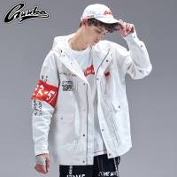 Guuka潮牌工装夹克男薄款 青少年街舞嘻哈米白连帽棒球服外套宽松