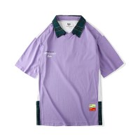 Guuka紫色短袖T恤男潮牌 青少年嘻哈撞色拼接POLO领五分袖T恤宽松