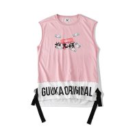 Guuka粉色假两件坎肩背心男潮牌 青少年嘻哈印花飘带运动背心宽松