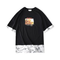 Guuka潮牌&Sank联名款黑色卡通印花短袖T恤纯棉拼接五分袖tee宽松