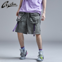 Guuka灰色工装短裤男潮牌 青少年嘻哈刺绣织带拼接运动五分裤宽松