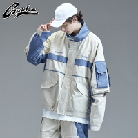 GUUKA潮牌运动风衣男春秋 青少年嘻哈拼接纯棉多口袋工装外套宽松