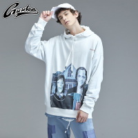 GUUKA潮牌白色卫衣男连帽 秋青少年嘻哈大印花纯棉运动卫衣男宽松