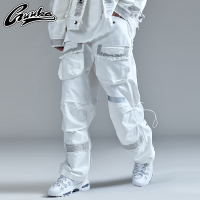 GUUKA破洞工装裤男潮牌 青少年嘻哈运动多口袋白色直筒裤子男宽松