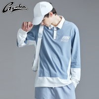 GUUKA拼接长袖T恤男潮ins青少年嘻哈港风POLO领圆领纯棉长T恤宽松
