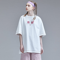 Guuka白色文字短袖T恤女宽松新款嘻哈情侣圆领纯棉印花五分袖T恤_VTlKH5