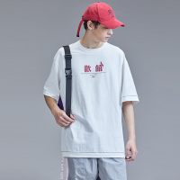 Guuka潮牌印花短袖T恤男纯棉 学生嘻哈情侣圆领白色五分袖T恤宽松