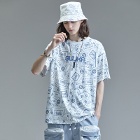 GUUKA潮牌白色短袖T恤男纯棉 青少年嘻哈游戏机印花五分袖T恤宽松