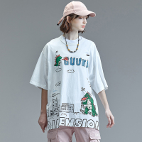 GUUKA潮牌白色短袖T恤女纯棉嘻哈运动漫画涂鸦印花五分袖T恤宽松