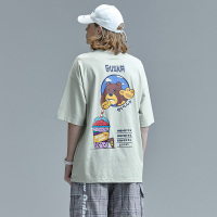 GUUKA浅绿印花短袖T恤男潮牌 日系嘻哈印花落肩纯棉五分袖T恤宽松