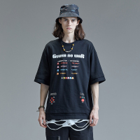 GUUKA&吃豆人联名黑色印花短袖T恤男潮牌嘻哈假两件五分袖T恤宽松