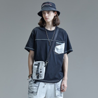 GUUKA&狮来运转联名黑色短袖T恤男潮牌嘻哈印花辑明线五分袖T宽松