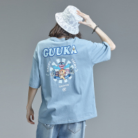 GUUKA&狮来运转联名雾霾蓝短袖T恤男潮牌嘻哈运动印花五分袖T宽松