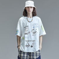 GUUKA漫画涂鸦短袖T恤男潮牌 学生嘻哈白色纯棉运动五分袖T恤宽松