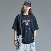 黑色短袖T恤男潮牌 青少年日系复古坦克大战印花五分袖T宽松