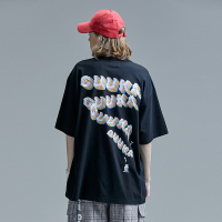 GUUKA黑色短袖T恤男潮牌 学生日系嘻哈后背印花运动五分袖T恤宽松