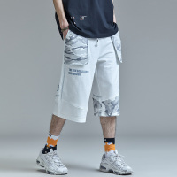 GUUKA迷彩拼接七分裤男潮牌 夏季青少年嘻哈印花纯棉运动短裤宽松