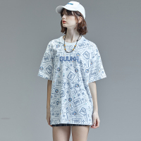 GUUKA白色纯棉短袖t恤女宽松嘻哈情侣潮牌日系BF风印花五分袖T恤