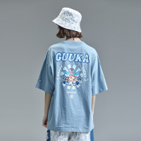 GUUKA&狮来运转联名蓝色短袖T恤女潮牌嘻哈情侣运动印花五分袖T恤