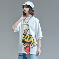 GUUKA&吃豆人联名款白色短袖T恤女宽松嘻哈运动纯棉印花五分袖tee