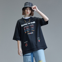 GUUKA&吃豆人联名黑色假两件短袖T恤女潮牌嘻哈纯棉印花五分袖T恤