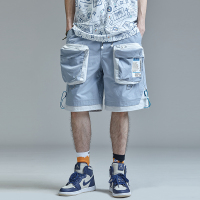 GUUKA多口袋工装短裤男潮牌 学生嘻哈蓝色纯棉撞色拼接五分裤宽松