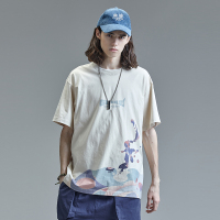 GUUKA&SANK藏克联名杏色短袖T恤男潮牌嘻哈印花运动五分袖T恤宽松