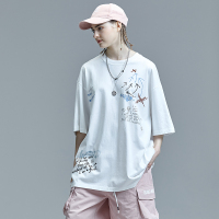 GUUKA涂鸦短袖T恤男潮牌 青少年嘻哈校园风白色运动五分袖T恤宽松