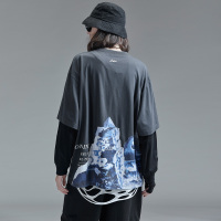 GUUKA深灰假两件长袖T恤男潮牌 学生嘻哈运动后背大印花长T恤宽松