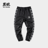 黑鲸印花织带休闲裤男2019春季串标点缀运动裤男CKCAJ19015A