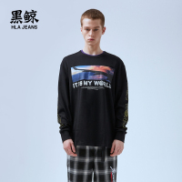 黑鲸印花圆领长袖T恤男2019春季休闲街头套头衫男CNTAJ19004A