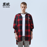 黑鲸红黑格纹长袖连帽衬衫男2019春季字母刺绣装饰CNEAJ19011A