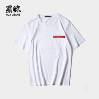 黑鲸织带装饰短袖T恤男2019夏季后背印花白t男CNTBJ29297A