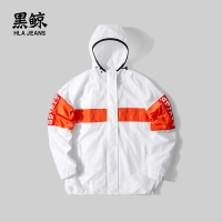 黑鲸拼色连帽运动夹克女2019春季字母印花外套女CWJAJ19066A