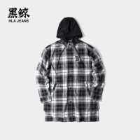 黑鲸黑白格纹长袖连帽衬衫男2019春季字母刺绣装饰CNEAJ19010A
