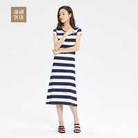 春夏女士时尚修身条纹中长款针织连衣裙海澜优选