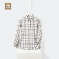 日式复古浅灰格纹长袖衬衫女士秋冬温暖磨毛开衩衬衣海澜优选
