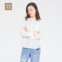 立领格纹长袖衬衫女士春夏小清新舒适衬衣海澜优选