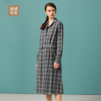 衬衫领连衣裙秋季系带格纹长袖裙子女士海澜优选