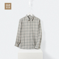 日式复古中灰格纹长袖衬衫女士秋冬温暖磨毛开衩衬衣海澜优选
