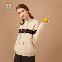 长袖撞色条纹卫衣秋季抽绳连帽青春卫衣女士海澜优选