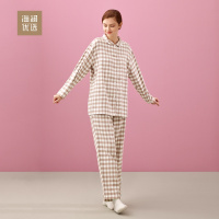 格纹棉质家居服女士秋冬翻领开襟情侣睡衣睡裤套装海澜优选
