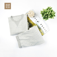 条纹情侣棉质家居服女士秋冬加厚毛圈睡衣睡裤套装海澜优选
