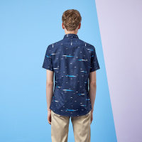 Hieiika 海一家男装2019夏季青春靓丽撞色个性印花短袖衬衫