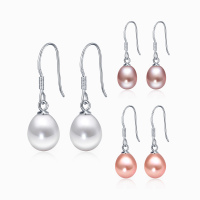 鑫万福 925银精工镶嵌9-10mm简约天然淡水珍珠耳勾/珍珠耳环